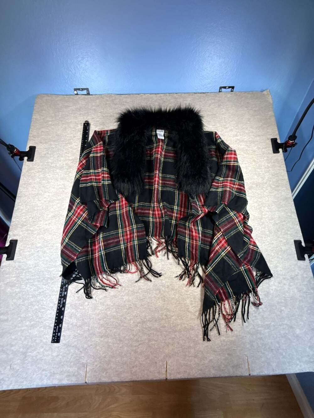 J Crew Tartan Plaid Wrap Shawl Faux Fur Collar Fringe One Size Black Red Green